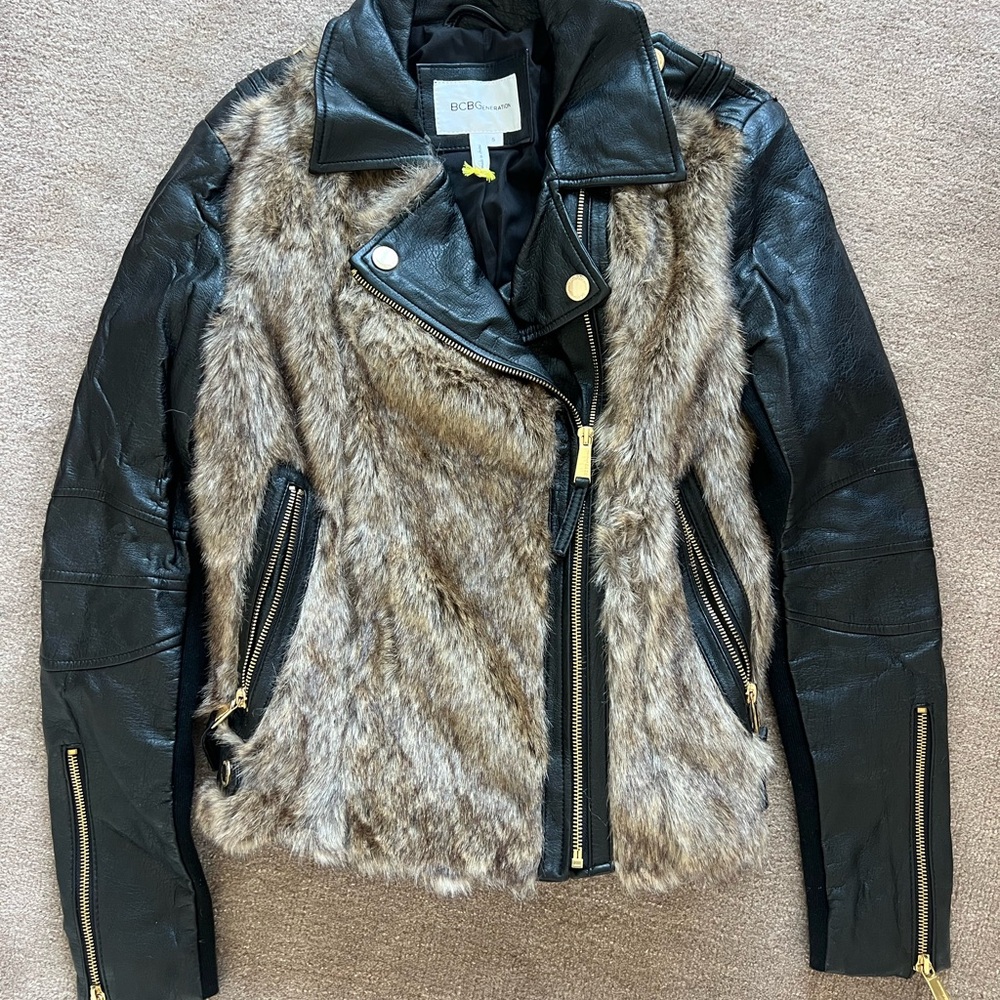 BCBGeneration black leather moto jacket with faux fur, size S